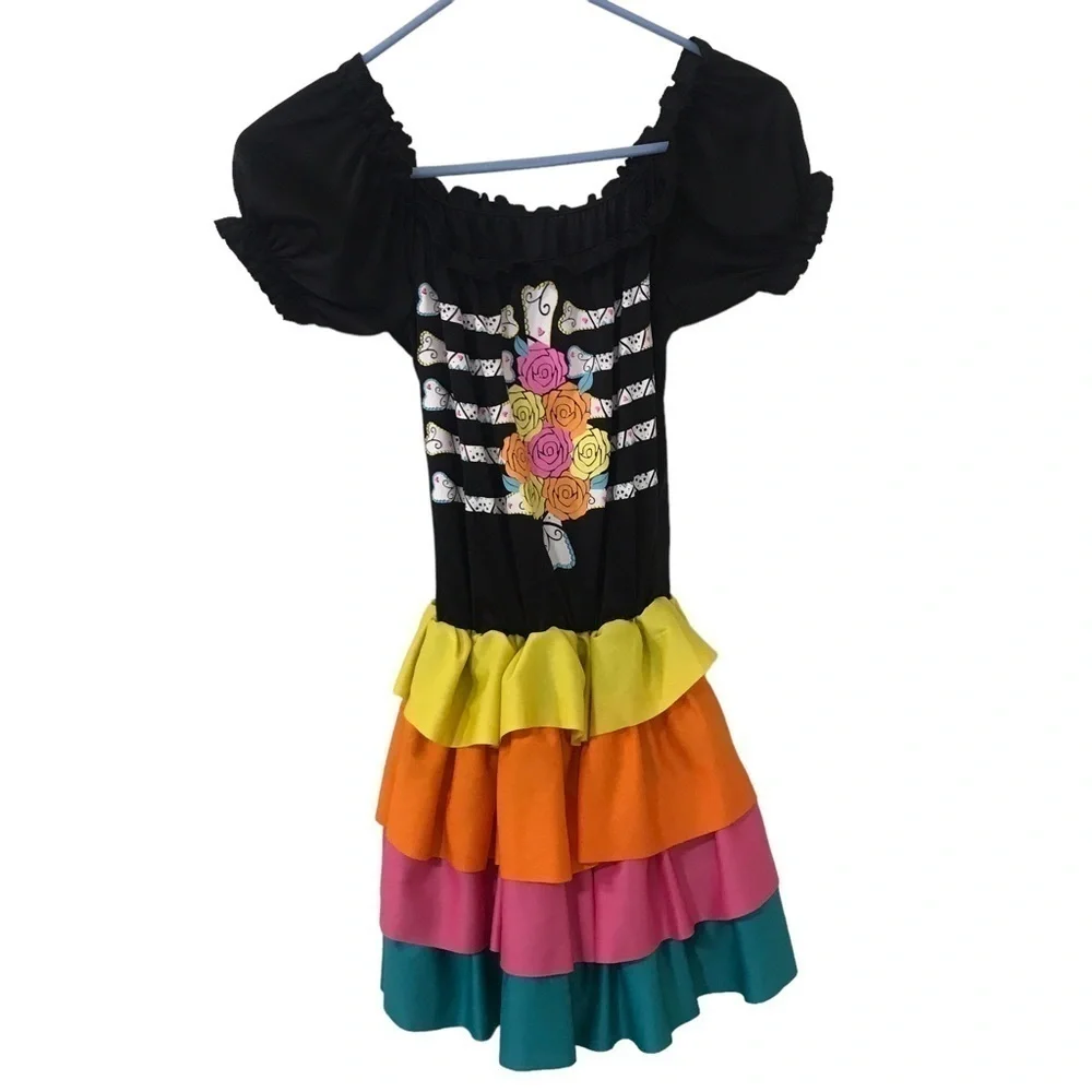 Fun world day of the dead girls kids multi color floral skeleton print dress